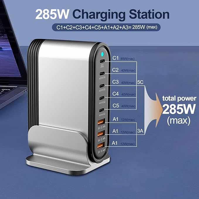 USB C Fast Charger : Fast Charging Station : 285W-8 Port Desktop Multiple - Image 6