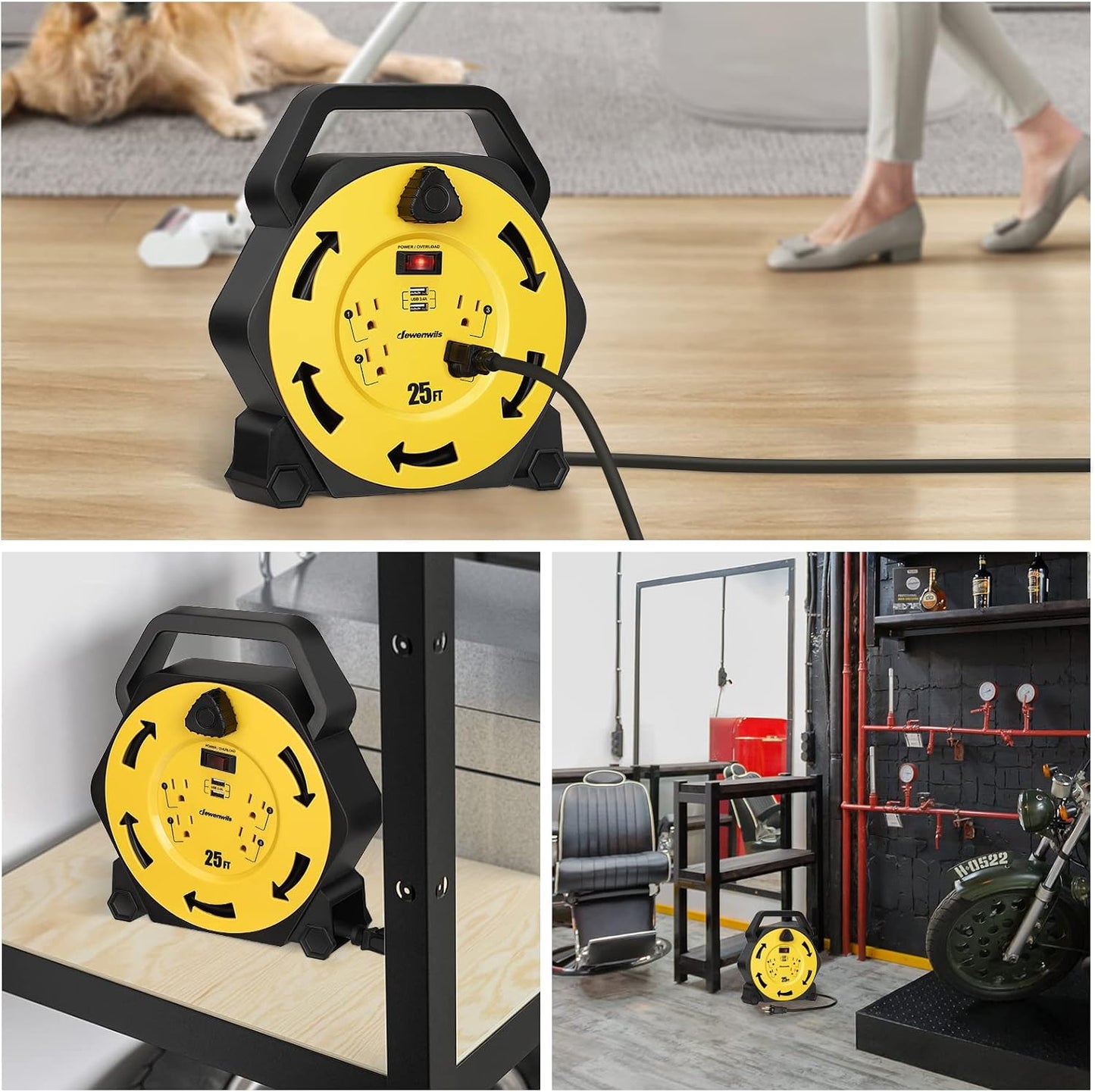 DEWENWILS 25FT Extension Cord Reel, Hand Wind Retractable Cord Reel | 16/3 SJTW, 4 Grounded Outlets, 2-USB Ports (3.4A Fast Charge), 13A Circuit Breaker, for Garage, Workshop, Outdoor, UL Listed