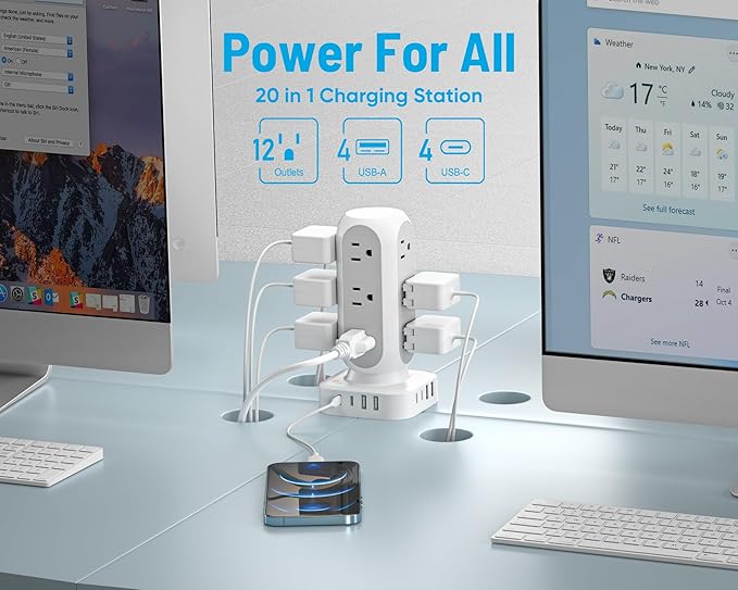 Flat Plug Power Strip Tower 15FT, 40W Total Fast Charging Station, Dual PD 20W - Image 2