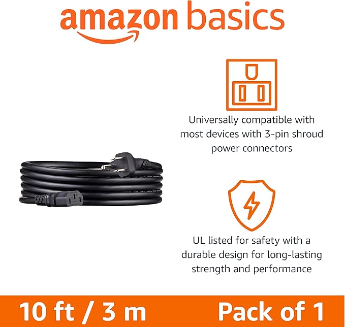 Amazon Basics PC Power Cord, 10 feet, AC Power Cord - Image 2