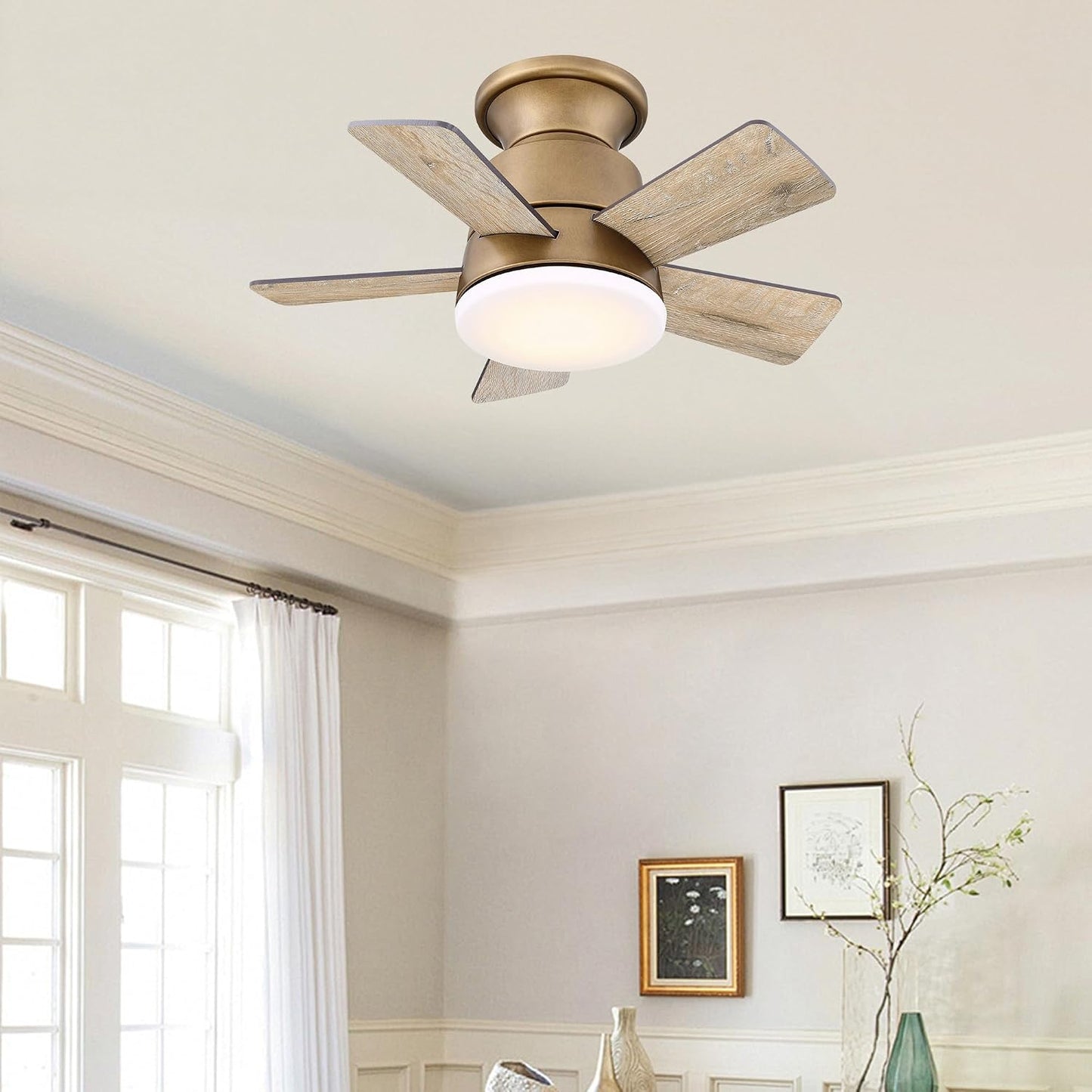 24" Flush Mount Ceiling Fan with Light and Remote, Small Ceiling Fan for Bedroom Kitchen Porch, Reversible Motor, Hugger Low Profile Fan with 3000K LED Light，Gunmetal Brown