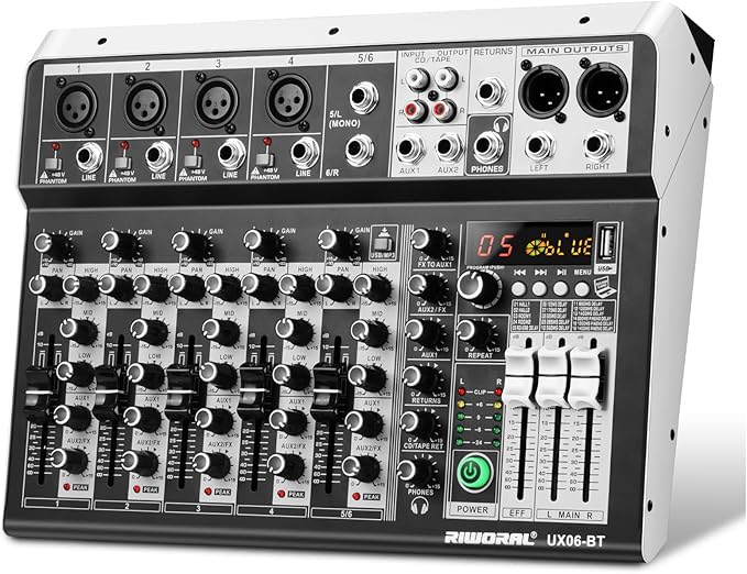 6 Channel Audio Interface Sound Board Mixing Console 16-Bit DSP DJ Mixer Audio by RiworalAudio