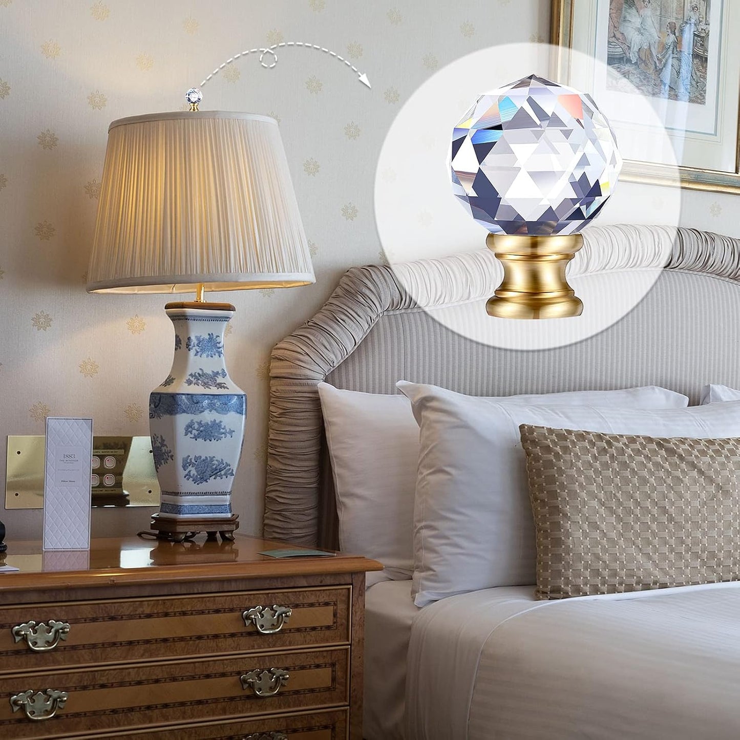 Mudder 2 Pcs Crystal Lamp Finial Diamond Knob 1-3/4 Inches,Gold Base | Decorative Finials for Lamp Shades, Faceted Crystal Knobs with Threaded Screw Cap, Fits Table and Floor Lighting Fixtures
