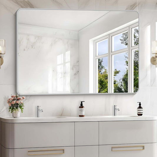 55x36 Inch Silver Bathroom Mirror, Large Rectangular Vanity Mirror, Metal