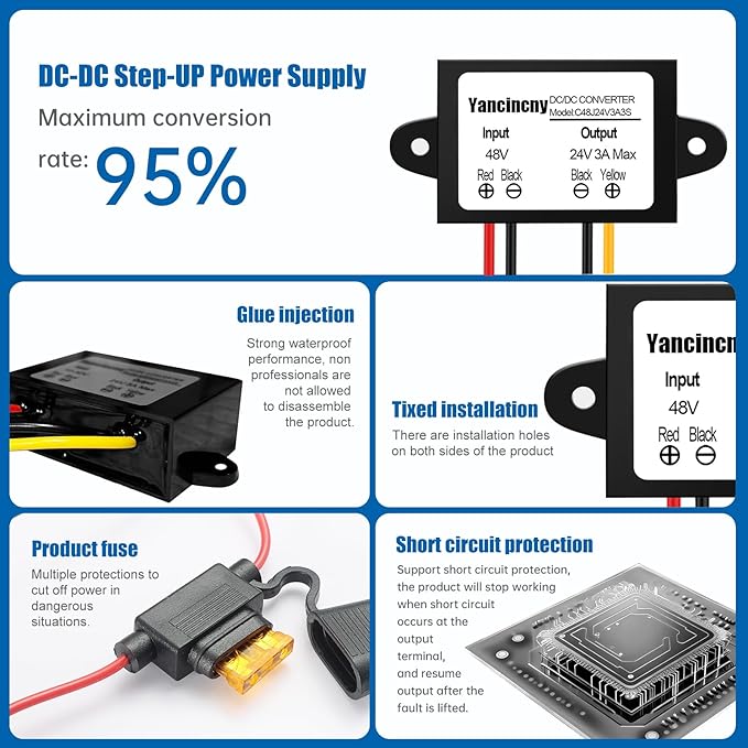 Yancincny 3A 72W 24V DC 48V Step Down to 24V Buck Transformer, 48V to 24-V - Image 5