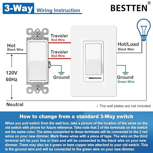 BESTTEN 10 Pack Dimmer Light Switch, Single Pole or 3-Way, Slide Dimmer Switches - Image 8