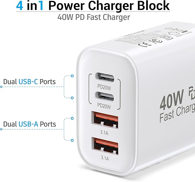 USB C Charger Block, 40W 4 Ports USB-C Wall Charger Plug Fast Charging - Image 4