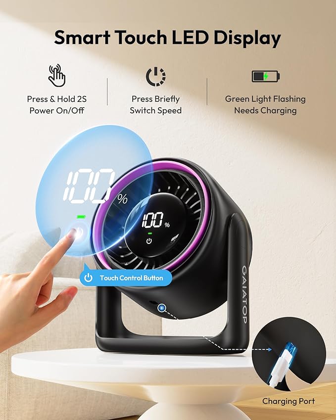 Gaiatop Desk Fan with Touch Control, 4000mAh Battery, 5 Speeds Ultra Quiet - Image 2