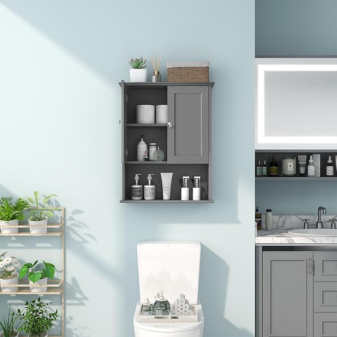 Grey Wall Mounted Bathroom Cabinet 24x30 Inch Wooden Over Toilet Storage Cabinet - Image 8