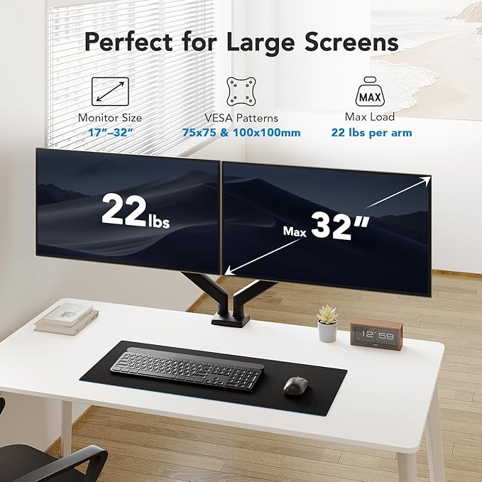 HUANUO Dual Monitor Mount for 2 Monitors up to 32 inches, Each Arm Holds Max - Image 2