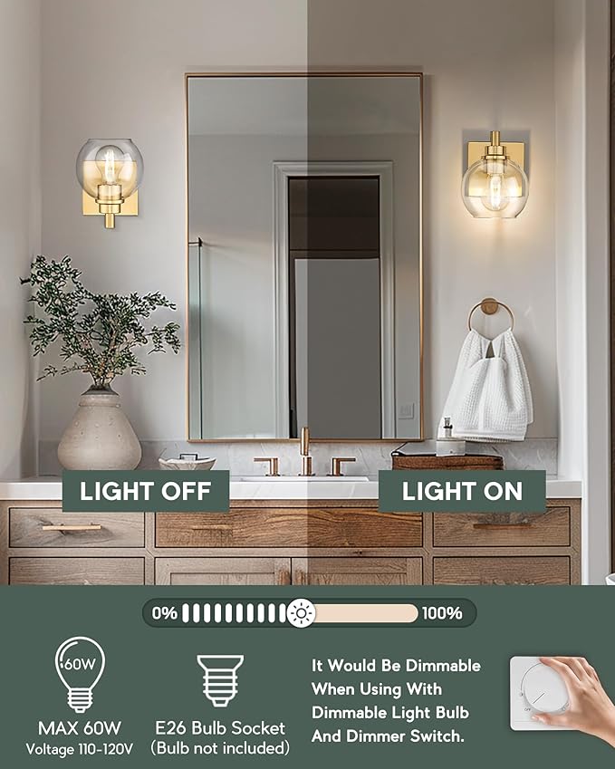 METWET Wall Sconces Set of 2, 1-Light Brushed Gold Sconces Wall Lighting - Image 5