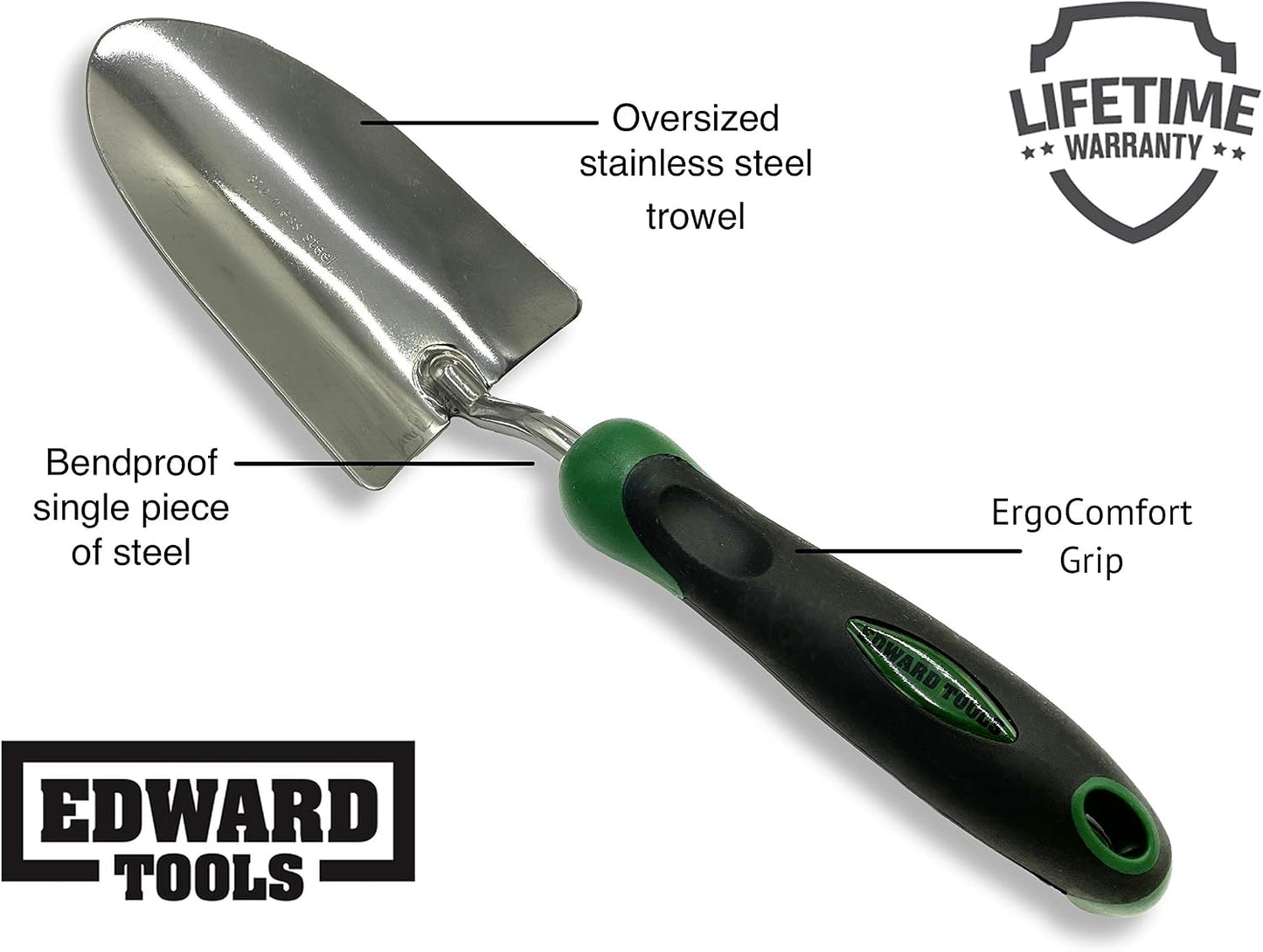 Edward Tools Bend-Proof Garden Trowel - Heavy Duty Polished Stainless Steel - Rust Resistant Oversized Garden Hand Shovel for Quicker Work - Digs Through Rocky/Heavy soils - Comfort Grip (1)