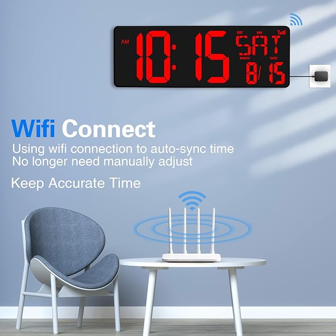 XREXS Large Digital Wall Clock WiFi Sync, 16.5 in Large Display Wall Clock - Image 2