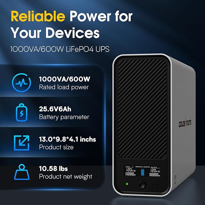 GOLDENMATE 1000VA/600W Lithium UPS Battery Backup and Surge Protector, Backup - Image 3