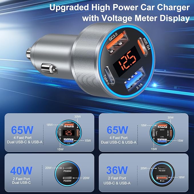 Car Charger USB C, 65W Multi Port Dual 12V USB C Car Charger Adapter - Image 3