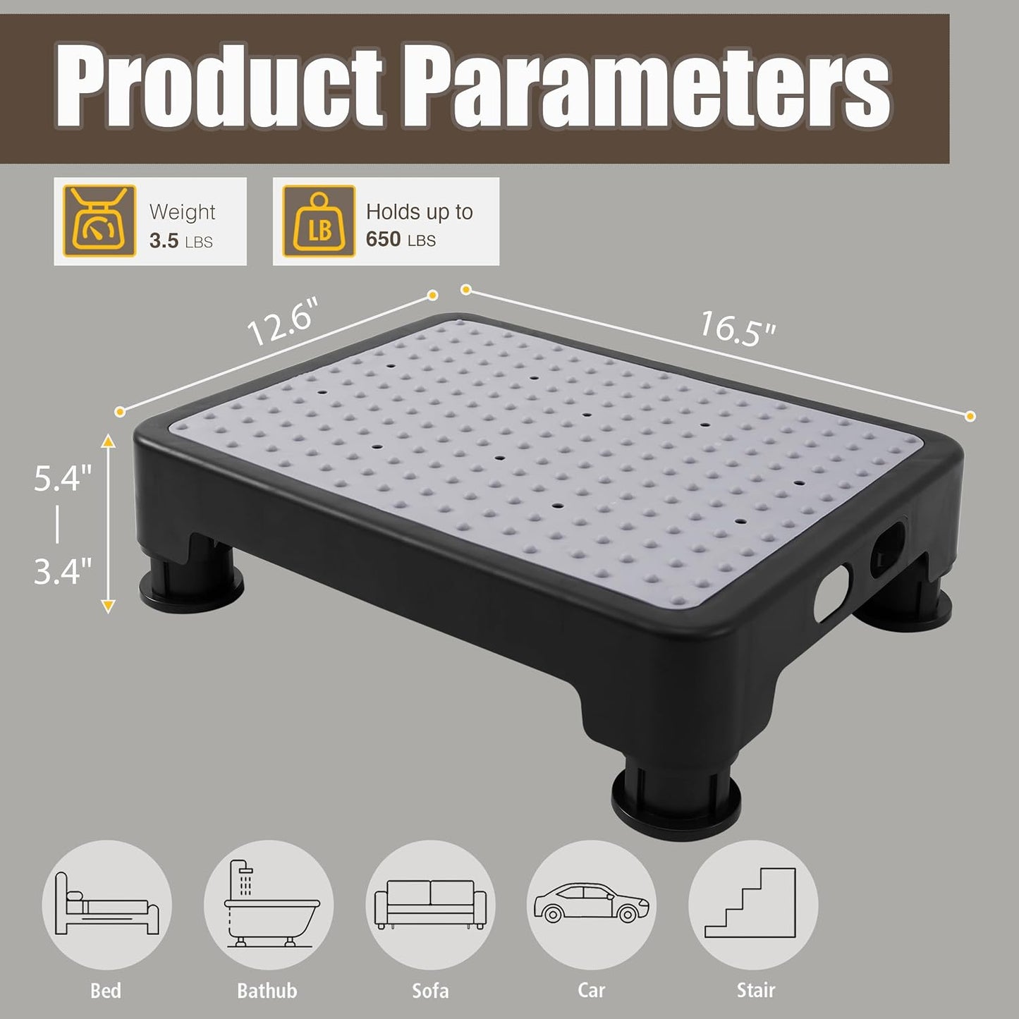 CHIKILLA Adjustable Step Stool for Seniors, 6-Leg Stability, Gray | Non-Slip Rubber Surface, 4 Heights 3.4 To 5.4 Inches, Wide 16.5x12.6 Inch Base, 650lb Heavy Duty
