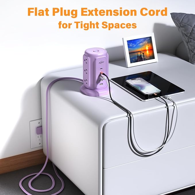 AiJoy Power Strip Tower with 9 Outlets and 5 USB Ports, 1200J Surge Protection - Image 6