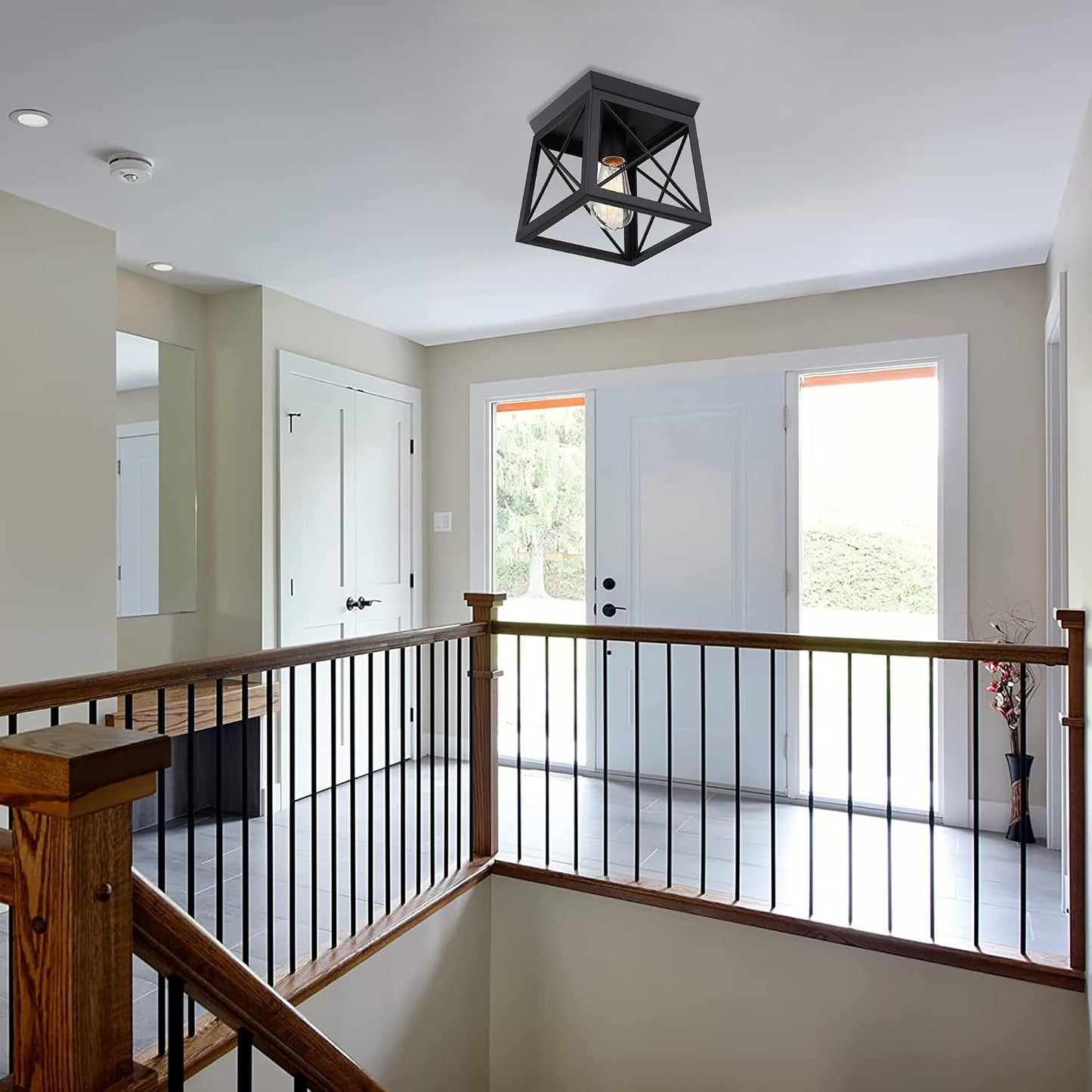 1 Light Black Industrial Flush Mount Ceiling Light Fixture - Square Farmhouse Caged Ceiling Light for Closet Kitchen Hallway Porch, E26, Dimmable