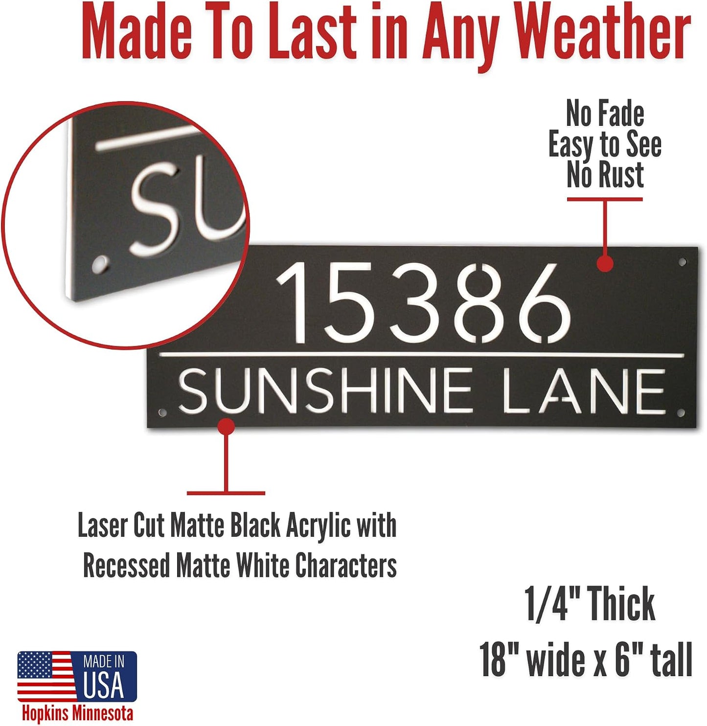 Made in Minnesota – Customized Address Sign 18x6 - Black or White – Made in USA - House Numbers for Outside Modern Address Plaque Street Name Sign (Black 18x6)