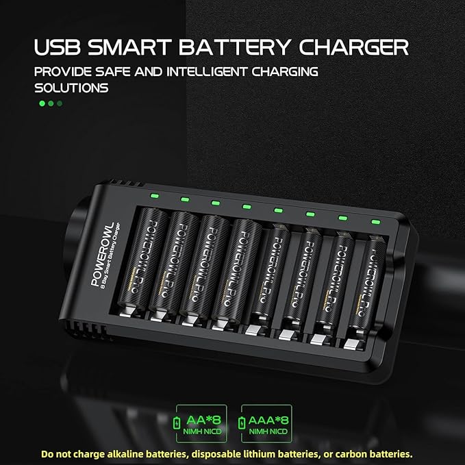POWEROWL 8 Bay AA AAA Battery Charger, USB High-Speed Charging, Independent Slot - Image 2