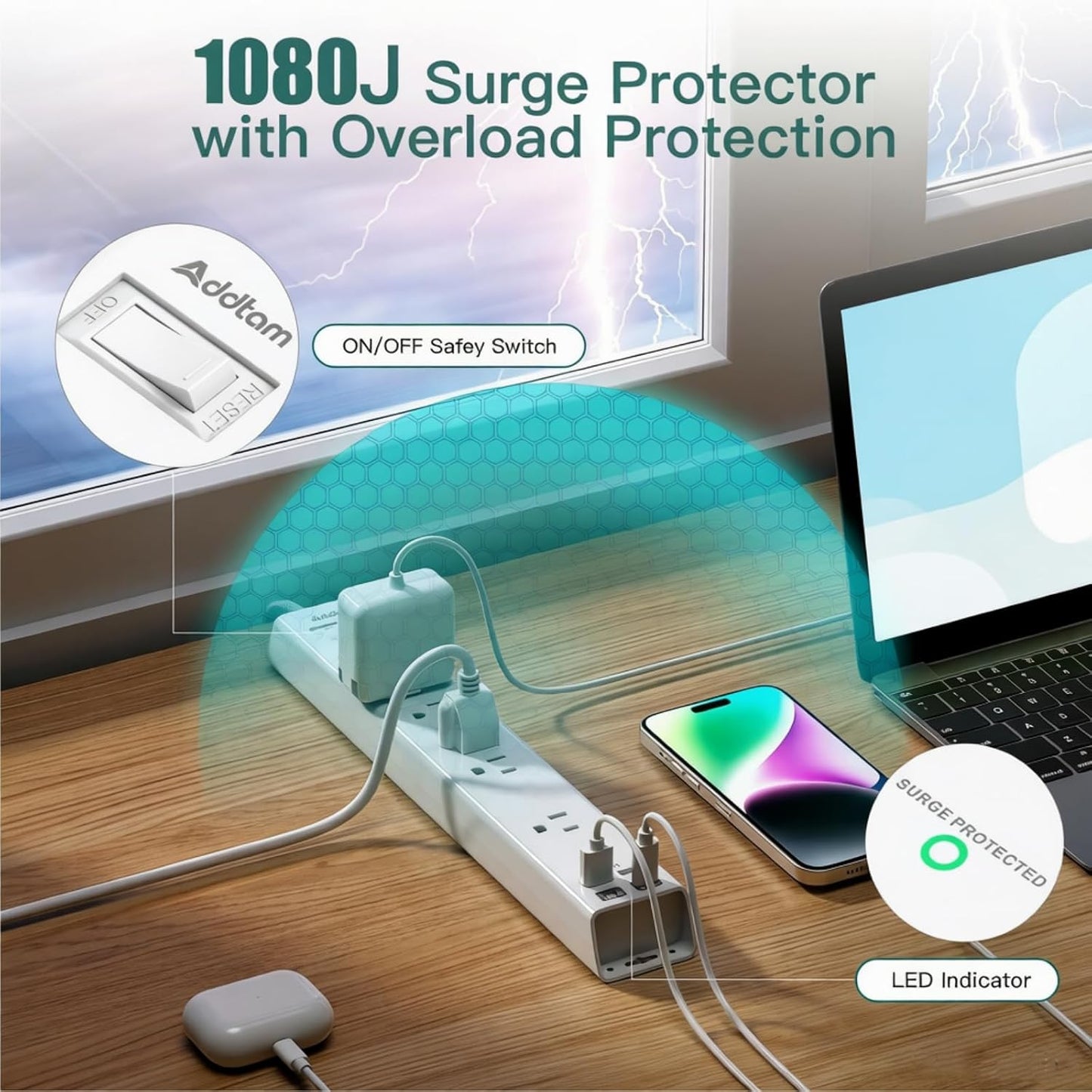 2 Pack Surge Protector Power Strip -6ft Extension Cord, 5 Outlets 4 USB | 2 USB C Charging Ports, 1875W/15A, Flat Plug, 1080J Overload Protection Wall Mount for Home Office Dorm Room Essentials