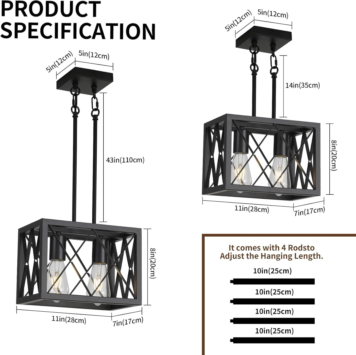 KEESFU Black Farmhouse Pendant Light, 2 Lights Small Kitchen Lighting Fixtures, Adjustable Height, Industrial Dining Room Light for Living Room Foyer Dining Table Over Sink.