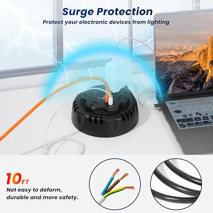 10ft Flat Plug Surge Protector Power Strip, Retractable Extension Cord - Image 3