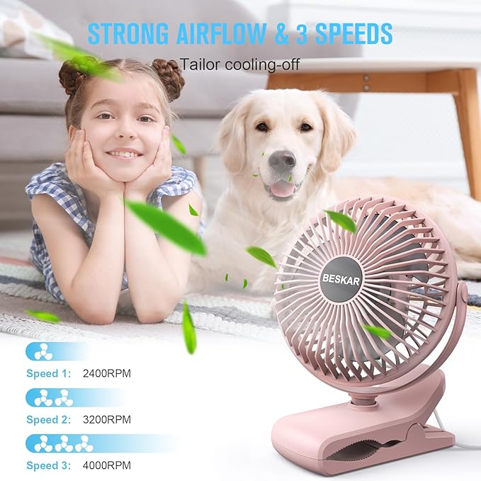 BESKAR Small Clip on Fan, 3 Speeds USB Fans - Image 8