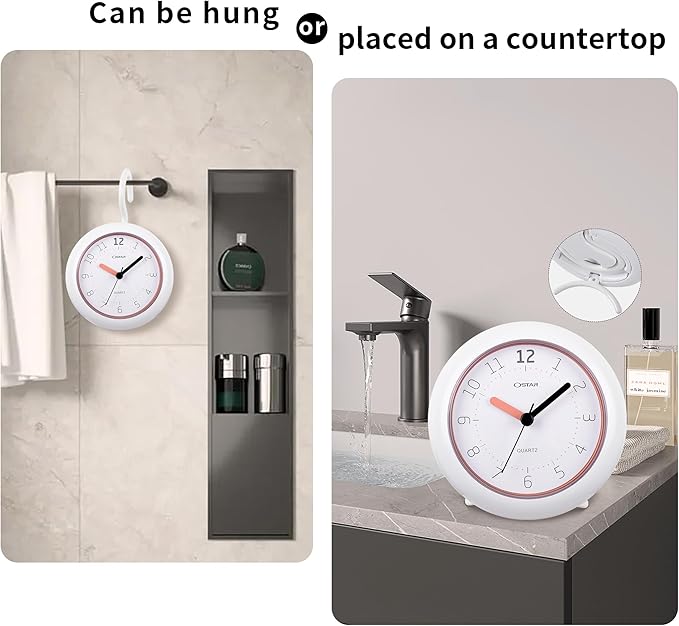 OSTAR Waterproof Bathroom Shower Clock, Analog Quartz Clock Hanging Stand Dual - Image 2