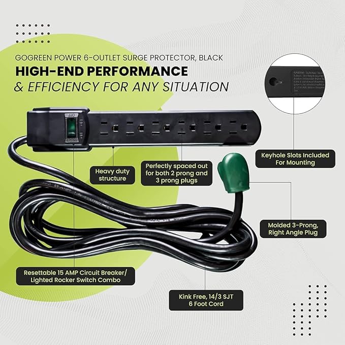 GoGreen Power Inc. 6 Outlet Surge Protector, 6FT Cord, 2 Pack - Image 5