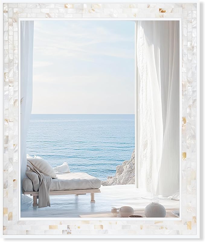 Tanmicoshomy 30 x 40 Inch White Bathroom Mirror, Coastal Natural Shell Framed by Tanmicoshomy