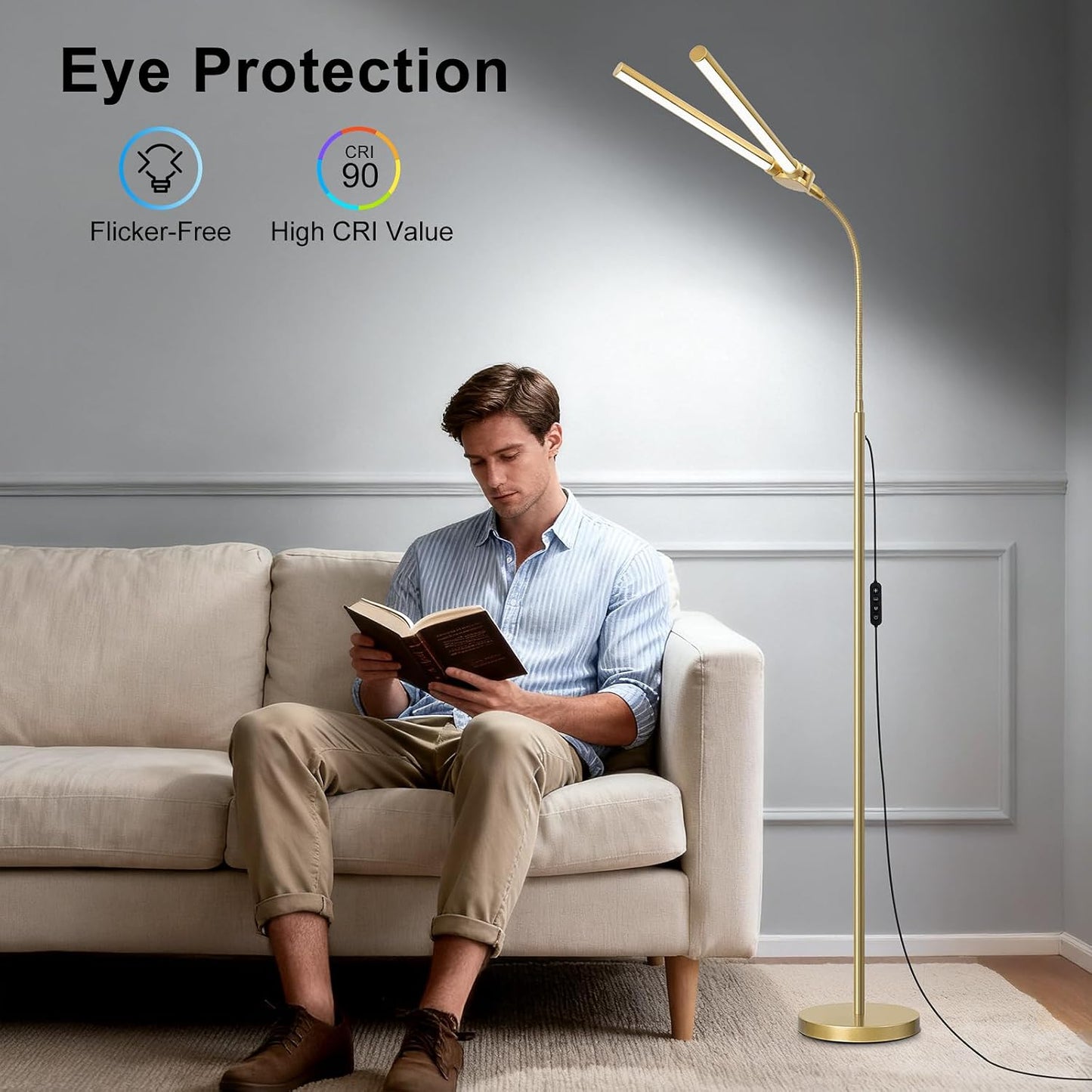 Gold Floor Lamp, 18W/2000LM Bright LED Floor Lamp for Living Room Office, Adjustable Gooseneck Dimmable Standing Task Lamp for Reading, Study, Arts, Eye Caring Craft Light for Sewing Tatoo Puzzle