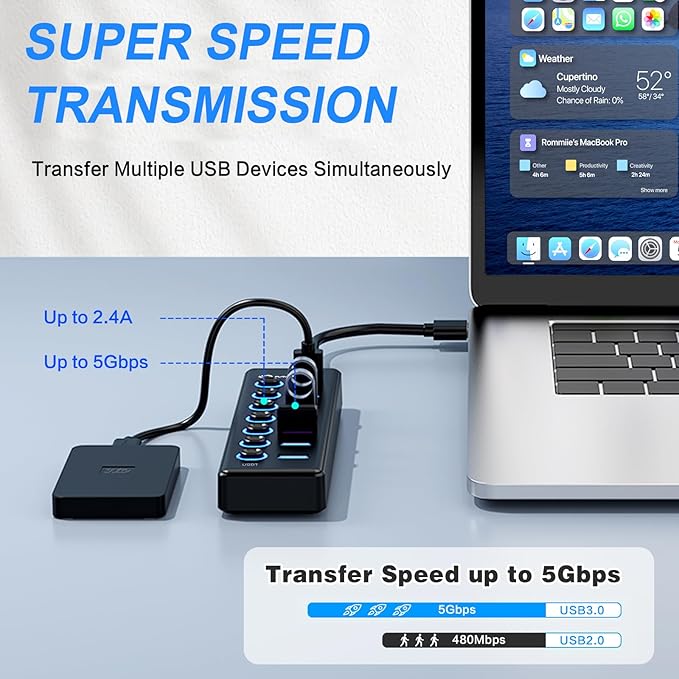 7-Port USB 3.0 Hub, Data USB Hub Splitter - Image 3