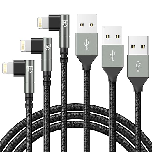 90 Degree iPhone Charger 6FT, 6Feet Right Angle Nylon Braided USB Lightning by KIYODA