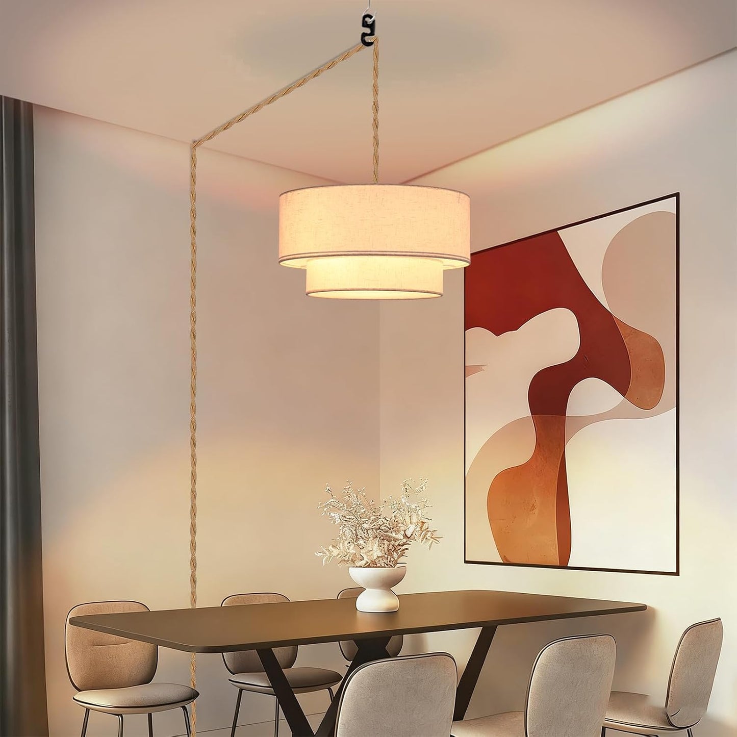 Plug in Pendant Light, 2-Tier Drum Linen Pendant Lights with 15.7FT Handmade Woven Light Cord，17.7" Plug in Chandelier for Dining Room Kitchen Island and Bedroom