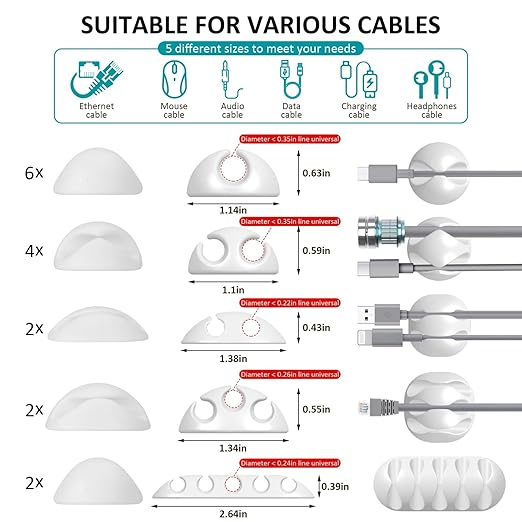 16Pack White Desk Cable Management, Adjustable Cord Organizer Cable Clips - Image 6