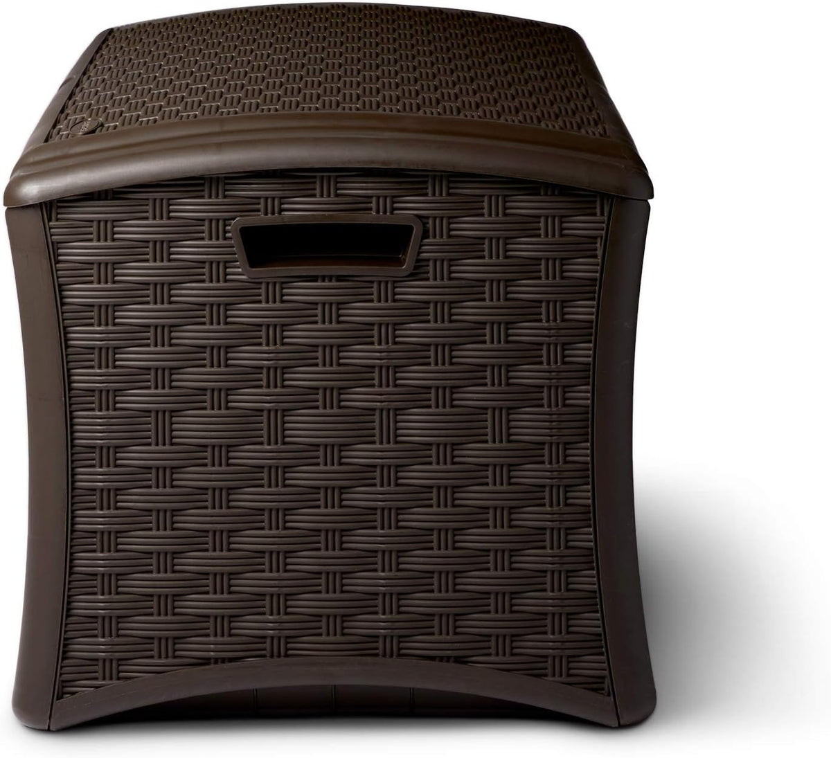 suncast 72 gallon resin outdoor patio storage box on a desk or shelf