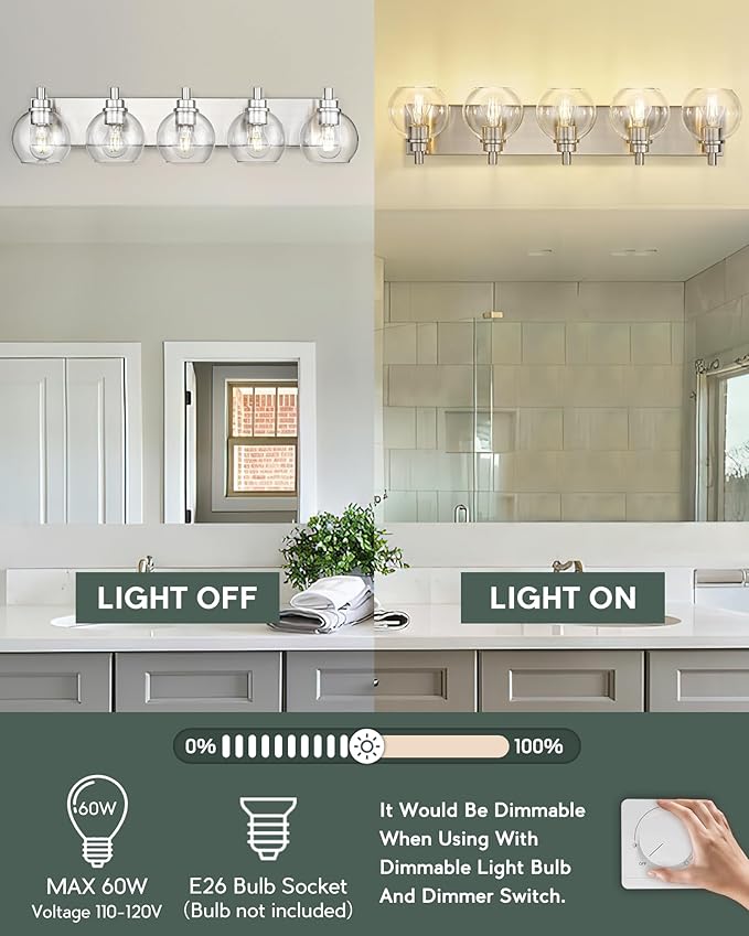 METWET Bathroom Light Fixtures, 5 Light Brushed Nickel Vanity Light, 32 Inch - Image 5