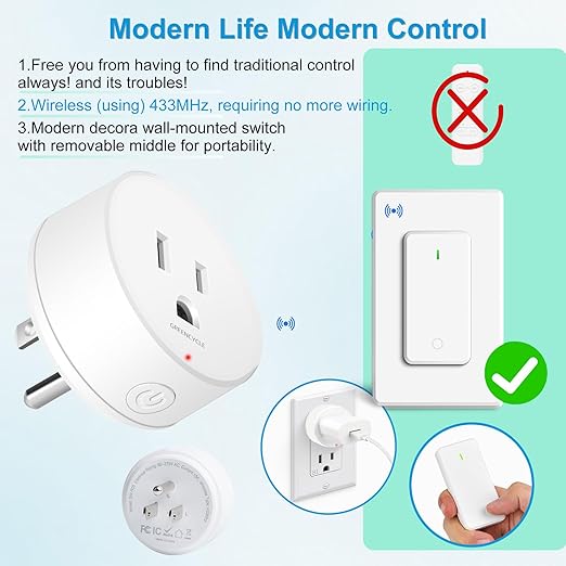 15 amp Plug with Remote, Wireless On/Off Light Switch Wall Mounted, TUV List - Image 2