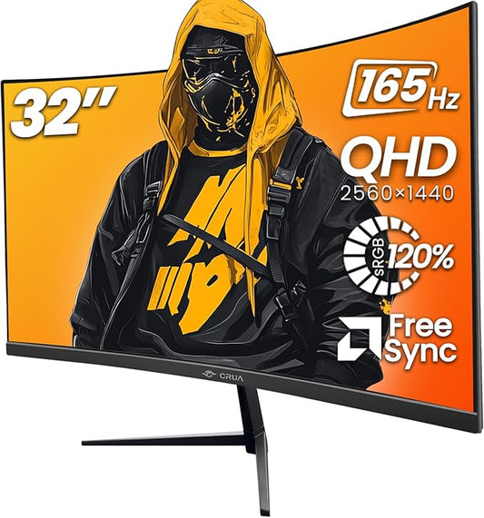 CRUA 32" Curved Gaming Monitor, 2K QHD 2560x1440P, 144Hz/165Hz Computer Monitors by CRUA