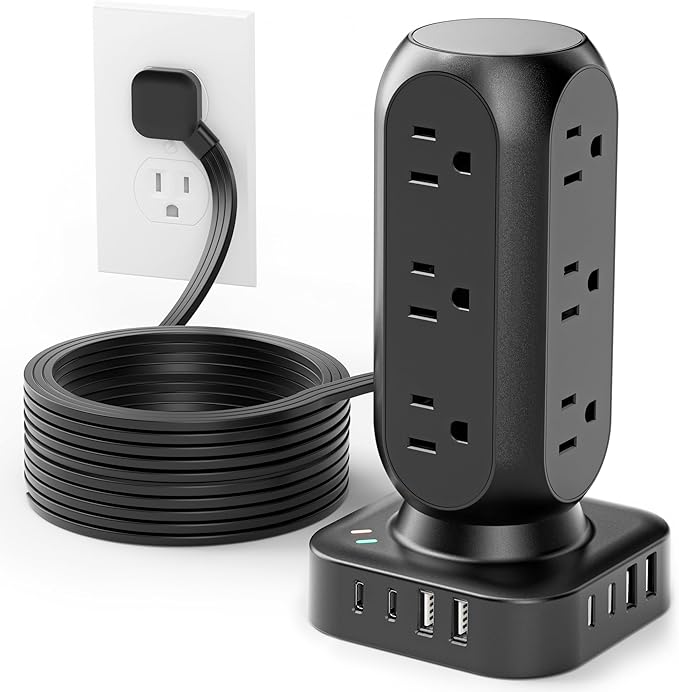 Tower Surge Protector Power Strip, Flat Plug 10FT Extension Cord by TenTrend