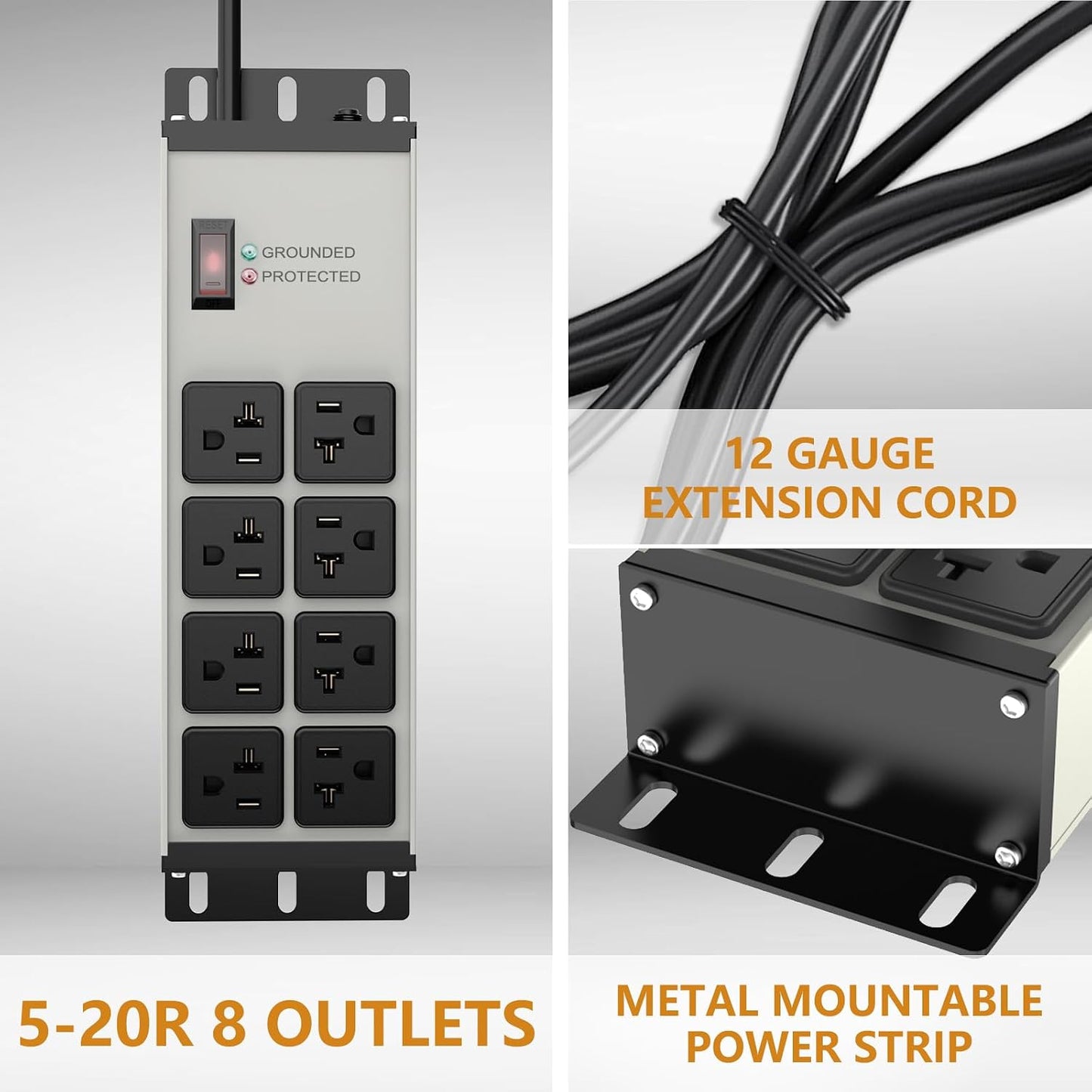 Heavy Duty Power Strip 20 Amp, 12 Gauge Surge Protector, 6FT | 2500W Extension Cord with Multiple Outlets，8 Ports Wall Mount for Garage, Workshop, Shop，Industrial