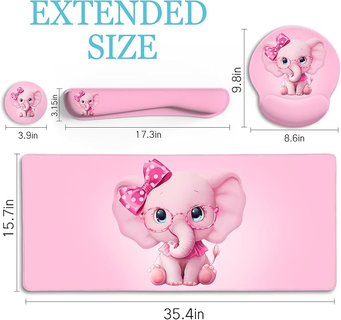 LIMKRIAN Elephant Mouse Pad Desk Mat Set, Kawaii Gaming Ergonomic Mouse Pad - Image 3