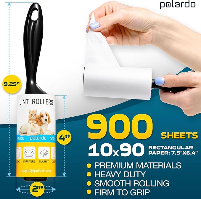 Lint Rollers 2 pcs, 900 Sticky Sheets, Extra 8 Spare Rollers/Hair Remover - Image 2