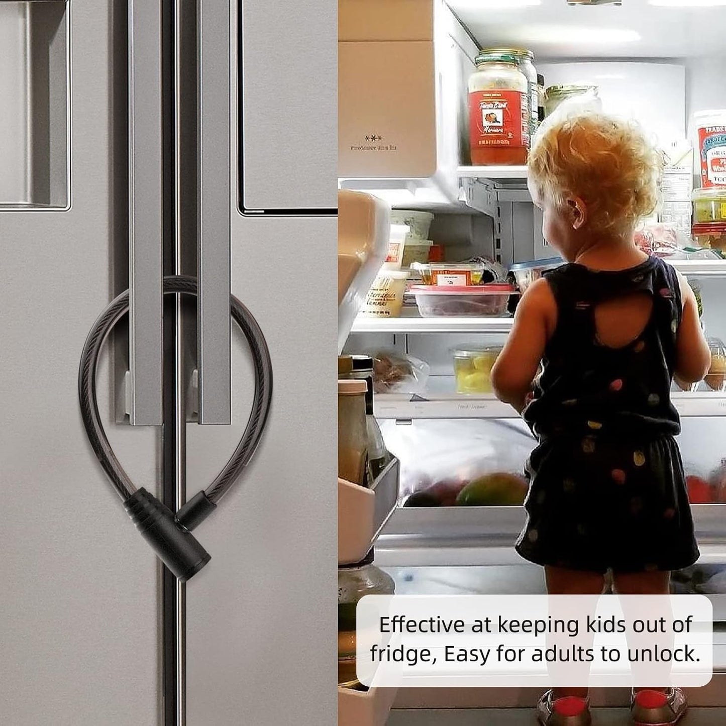Rofio Fridge Lock, Childproof Refrigerator Lock with Keys for French Door Fridge and Cabinet | Key-operated cable lock includes 2 keys; no drilling, screws or adhesive; for French door fridges, freezers and cabinets