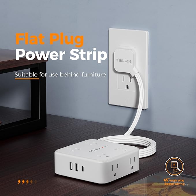 Surge Protector Power Strip, TESSAN 15 FT White Extension Cord Flat Plug - Image 6