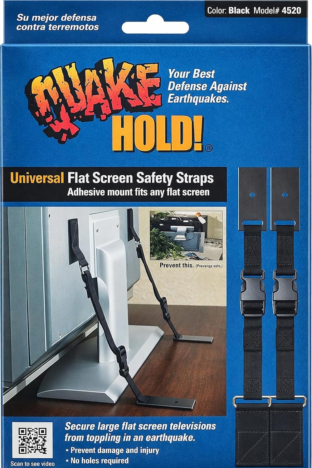 QuakeHold! 4520 Universal Flat Screen TV Safety Straps, Black Nylon | Anti-Tip Adhesive Straps help secure TVs & furniture against earthquakes, fire and floods with easy, tool-free installation.