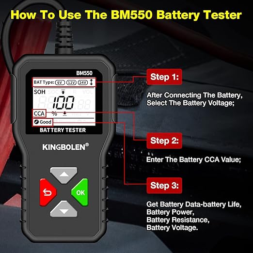 KINGBOLEN BM550 6V 12V 24V Car Battery Tester, 100-2000 CCA Voltage Tester - Image 8