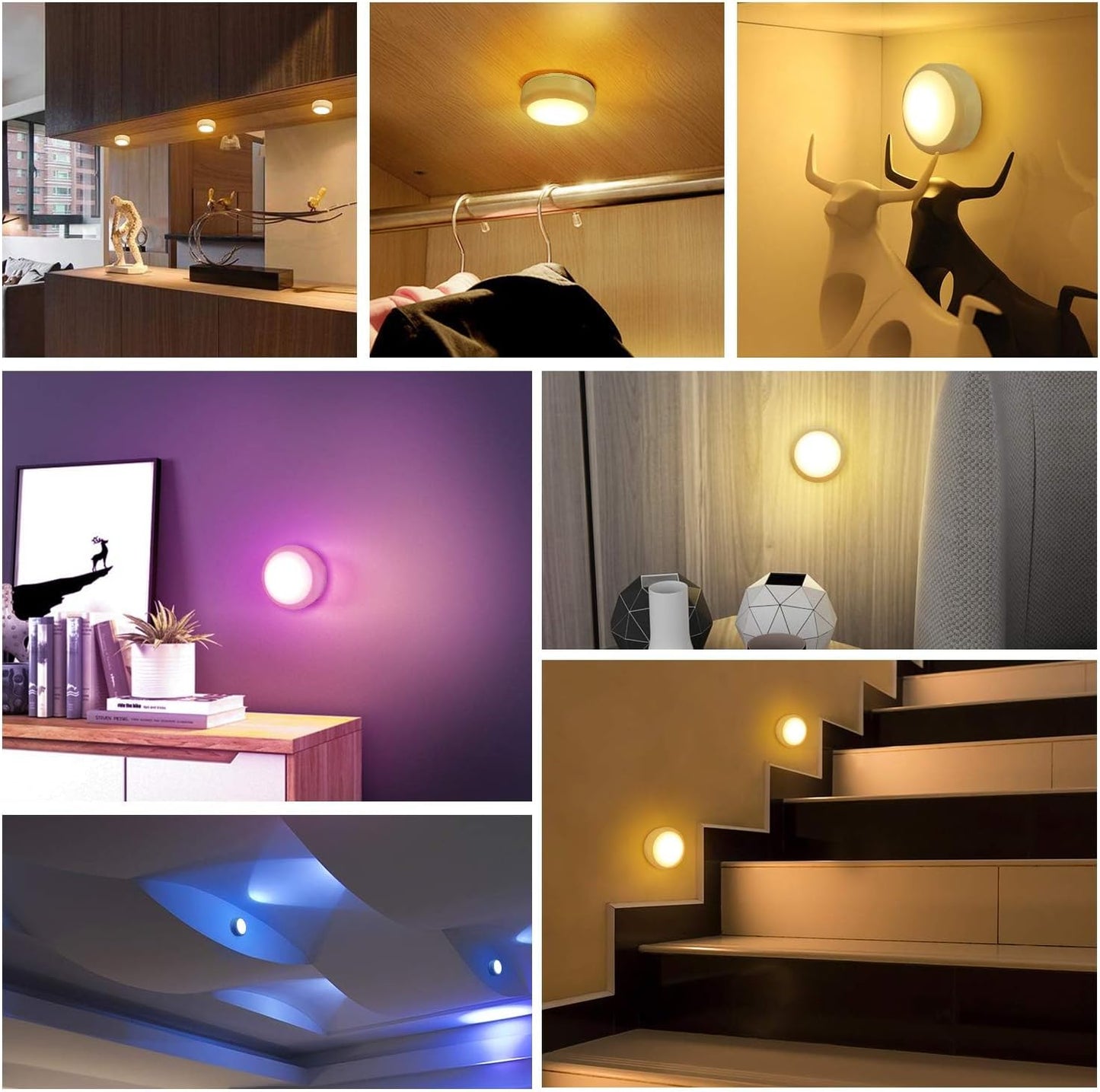 BLS LED Puck Lights with Remote Control, Wireless Under Cabinet & Closet Lighting, RGB 13 Color Changing Lights with Dimmer, Timer & AA Battery Operated, Push, Touch, Stick on for Night, White, 6 Pack