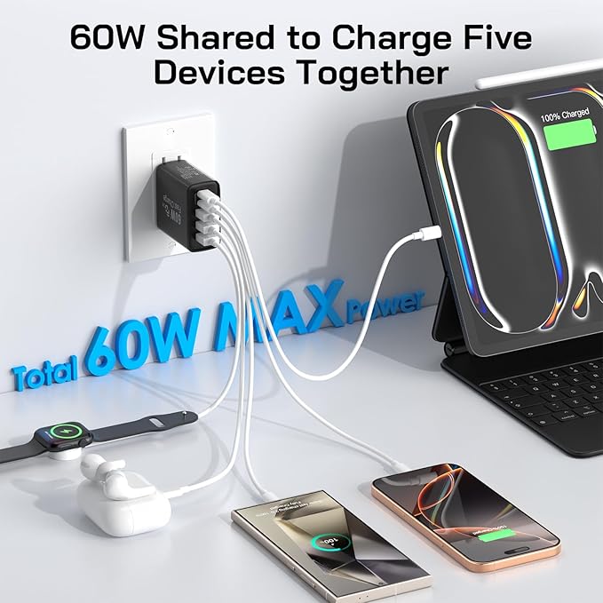 2Pack USB C Fast Charger Block, Total 60W 5-Port USB C Wall Charger 30W Type C - Image 4